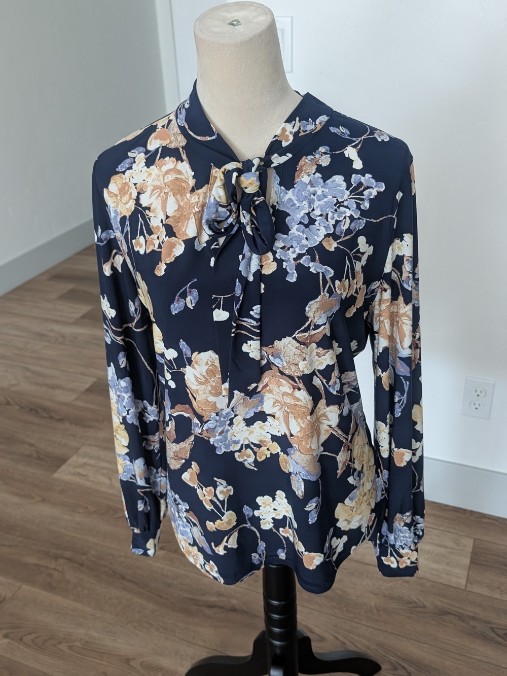 Ralph Lauren Navy Floral Tie-Neck Blouse with Cream and Light Blue Accents